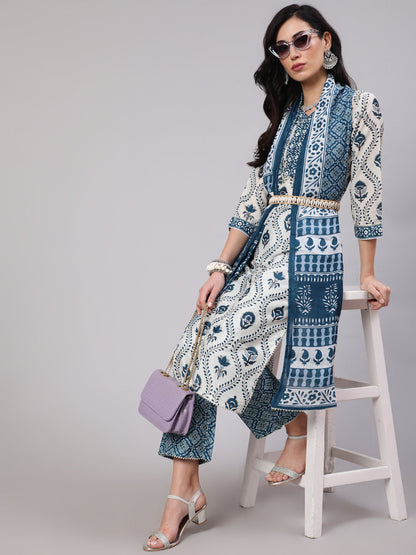 Women's Blue & White Printed Kurta Palazzo With Dupatta