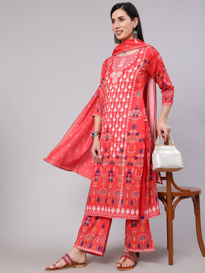 Women's Red Digital Print Kurta Palazzo With Dupatta