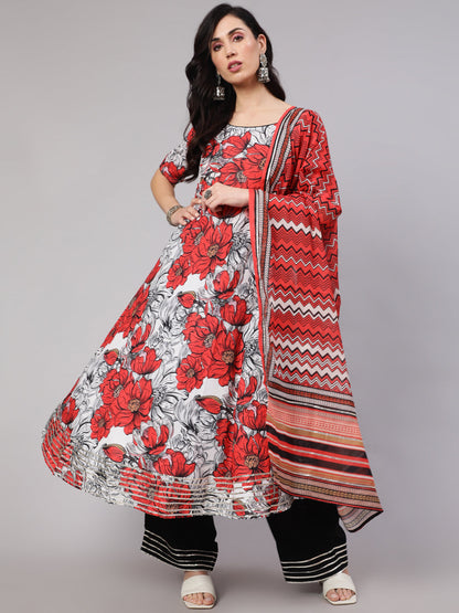 Women's White & Red Floral Print Anarkali Palazzo With Dupatta