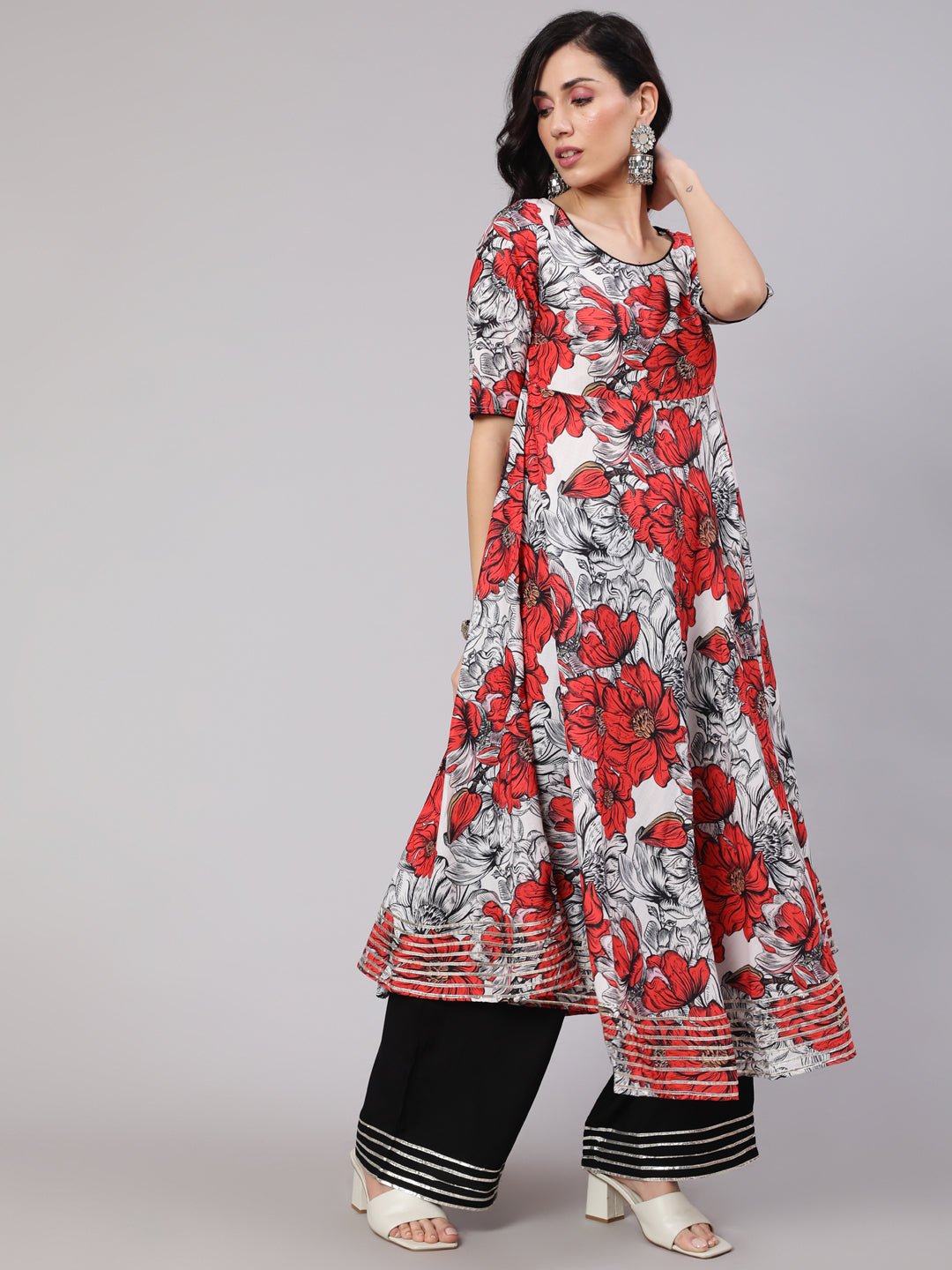 Women's White & Red Floral Print Anarkali Palazzo With Dupatta