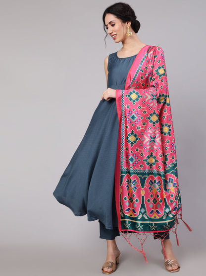 Women's Blue Butti Work Anarkali Palazzo With Dupatta