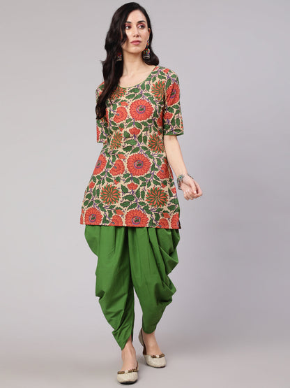 Women's Beige Floral Print Kurta With Dhoti Pant