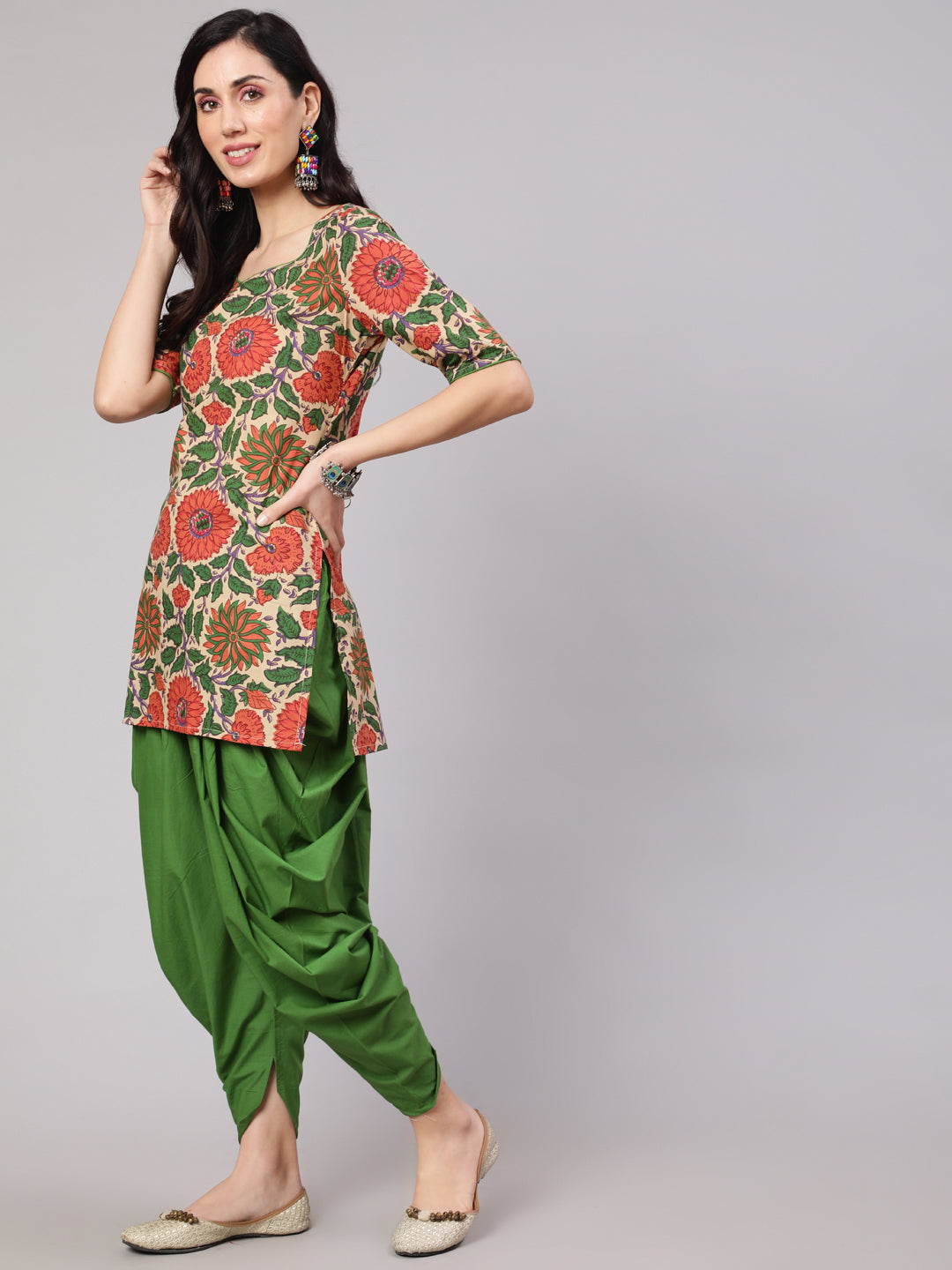 Women's Beige Floral Print Kurta With Dhoti Pant