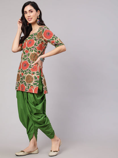 Women's Beige Floral Print Kurta With Dhoti Pant