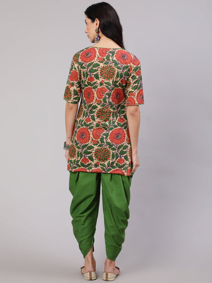 Women's Beige Floral Print Kurta With Dhoti Pant