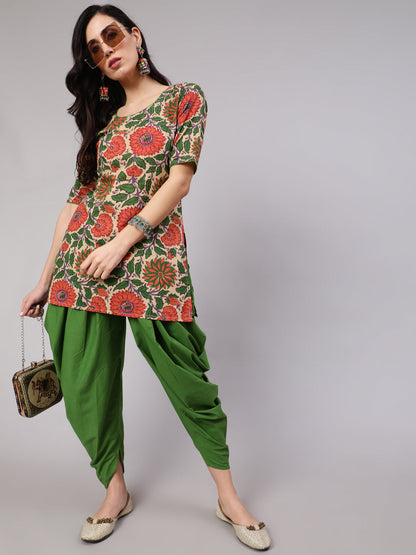 Women's Beige Floral Print Kurta With Dhoti Pant