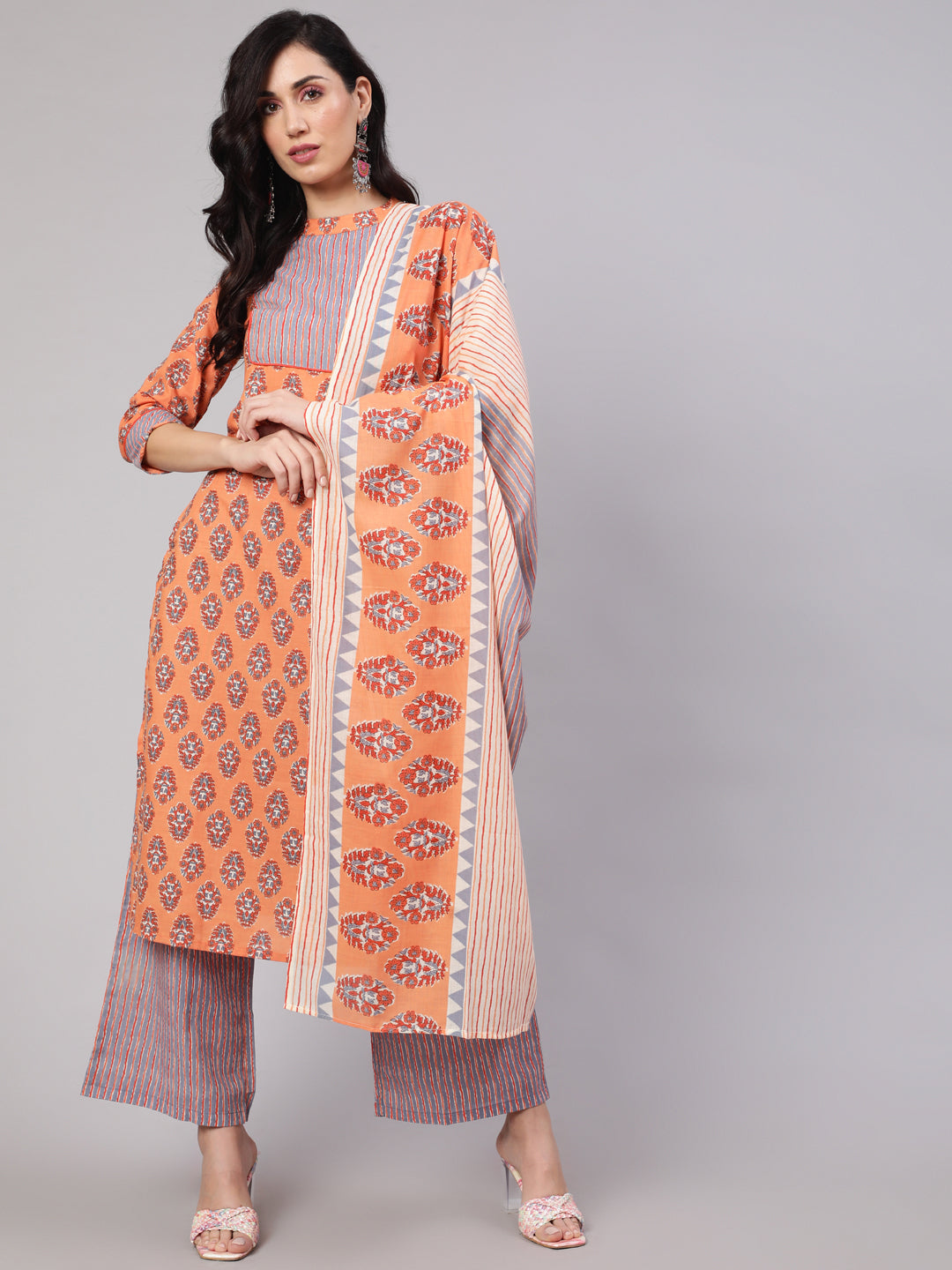 Women's Peach Printed Kurta Palazzo With Dupatta