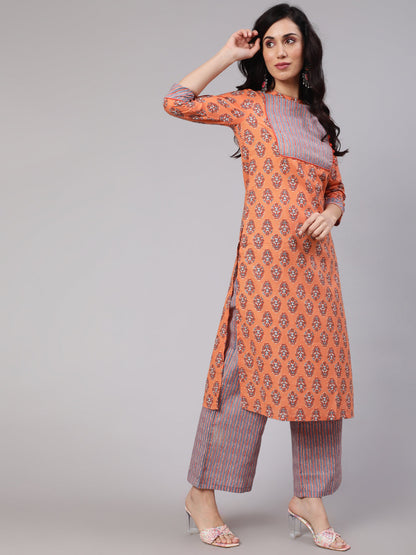 Women's Peach Printed Kurta Palazzo With Dupatta