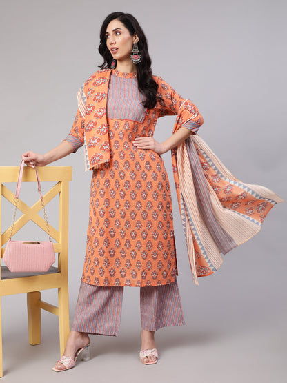 Women's Peach Printed Kurta Palazzo With Dupatta