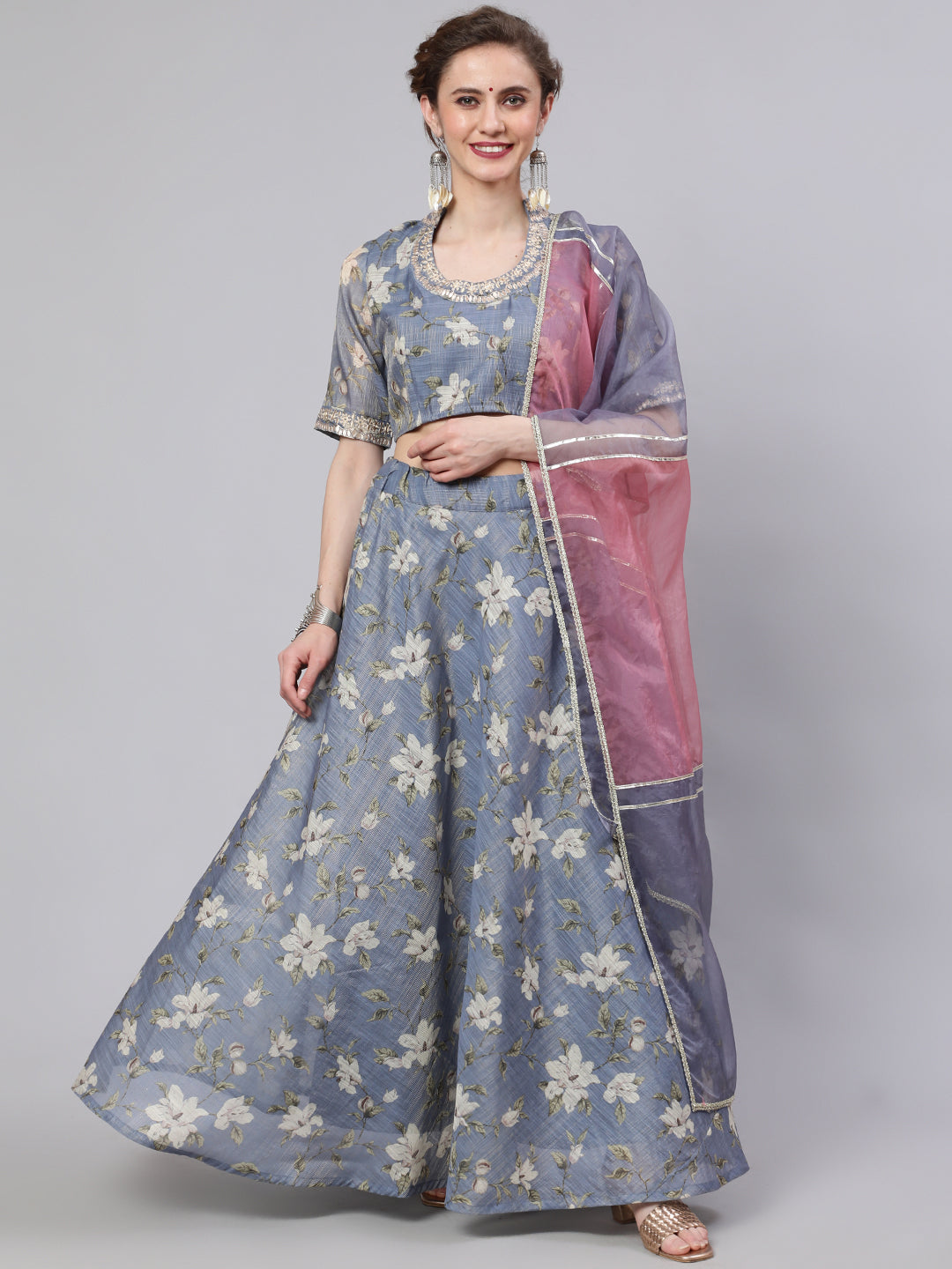 Women's Grey Floral Print Lehenga Choli With Dupatta