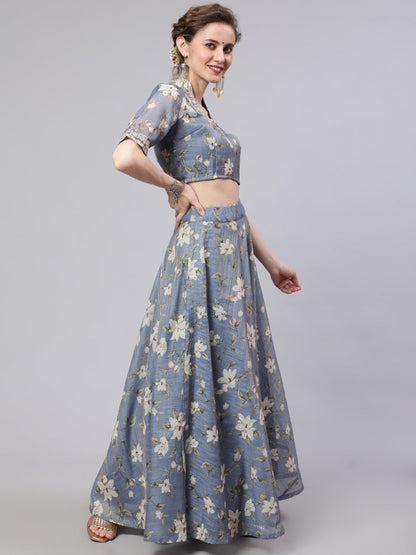 Women's Grey Floral Print Lehenga Choli With Dupatta