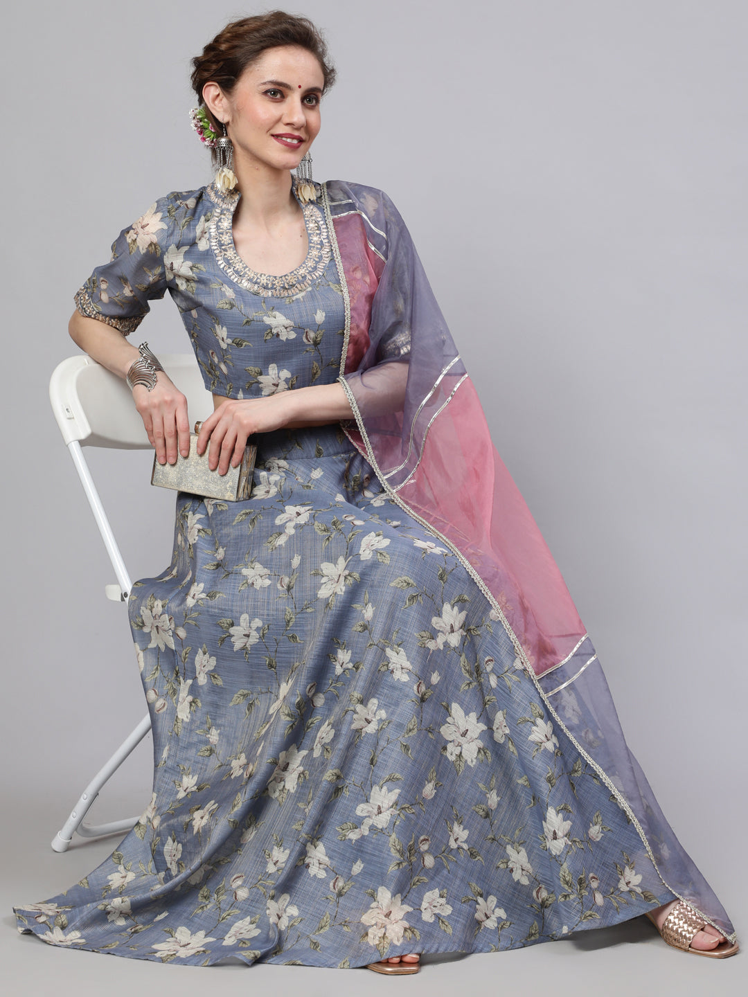 Women's Grey Floral Print Lehenga Choli With Dupatta