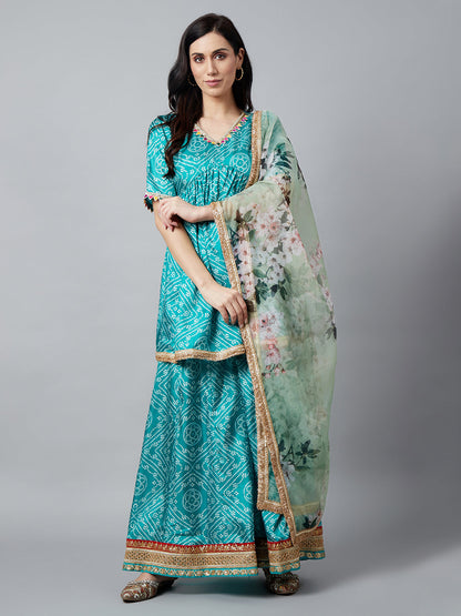 Women's Green Bandhani Print Kurta Sharara With Dupatta