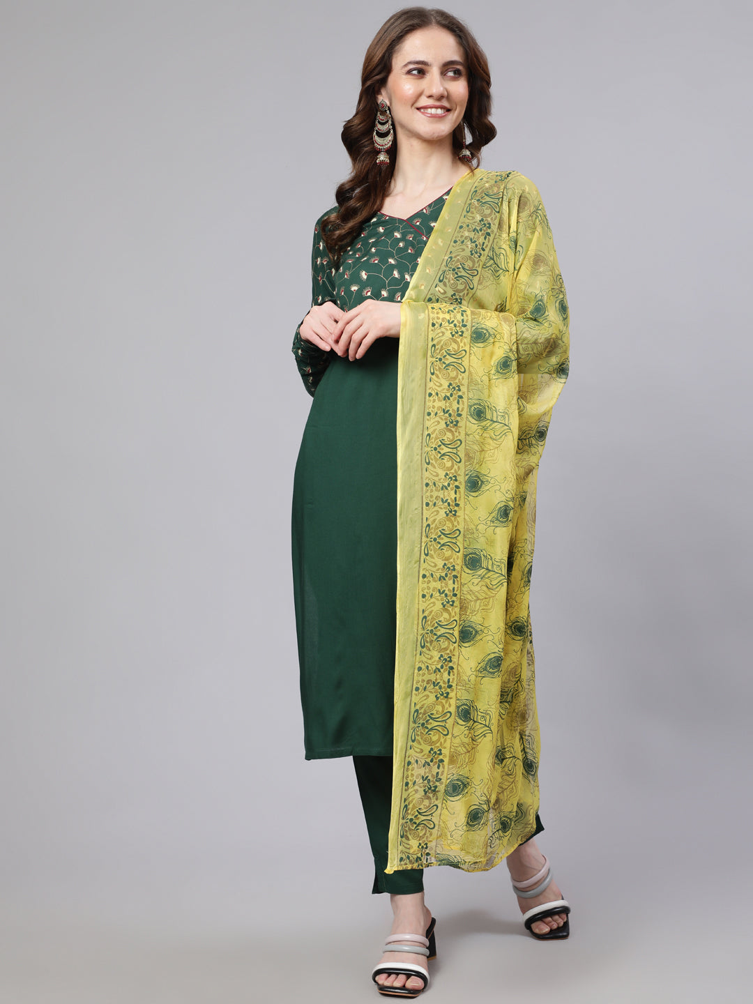 Women's Green Printed Kurta Pant With Dupatta