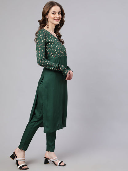 Women's Green Printed Kurta Pant With Dupatta