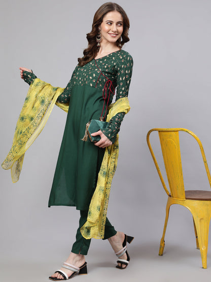 Women's Green Printed Kurta Pant With Dupatta