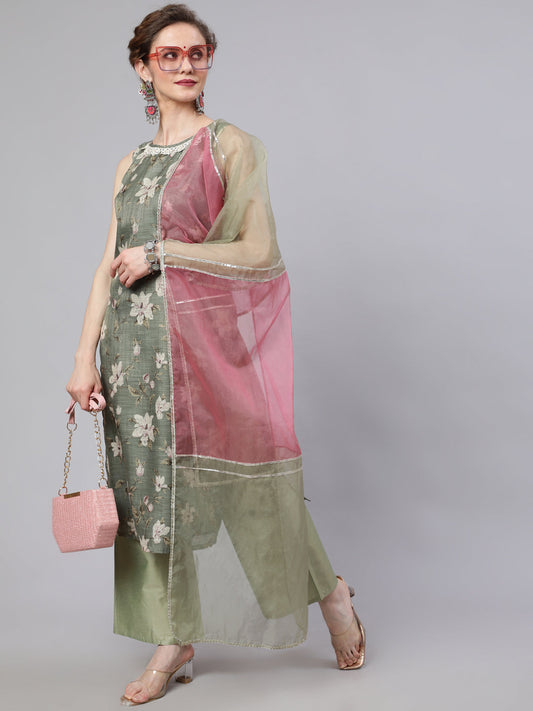 Women's Green Floral Print Kurta Palazzo With Dupatta