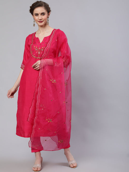 Women's Red Embroidered Kurta Pant With Dupatta