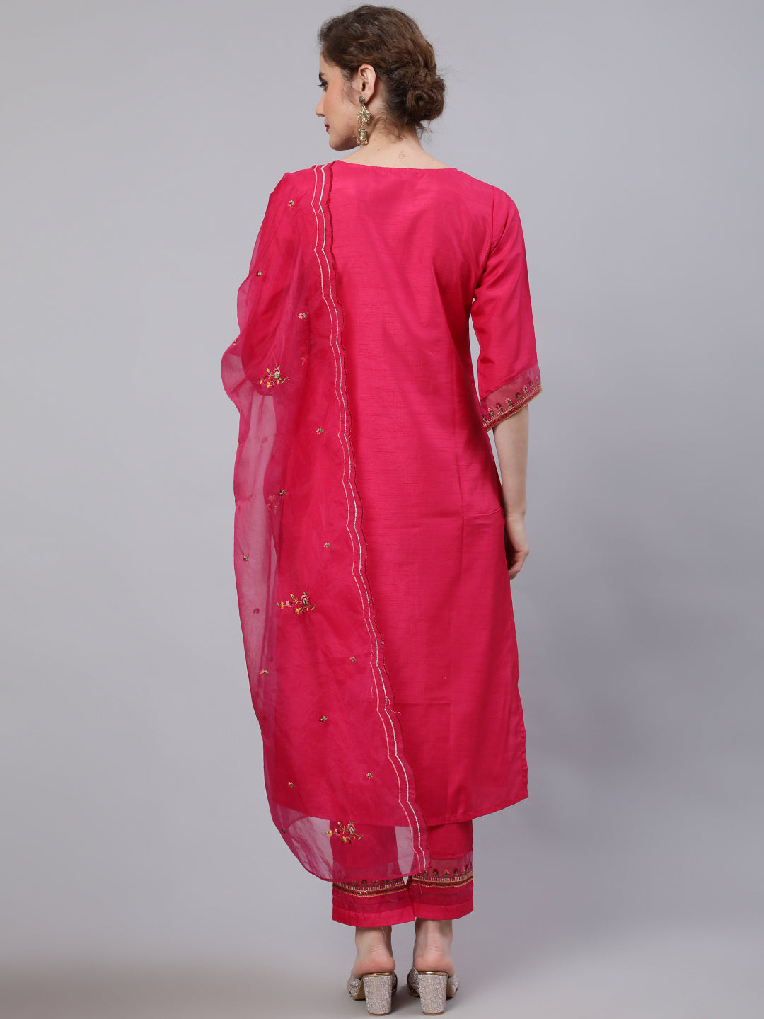 Women's Red Embroidered Kurta Pant With Dupatta