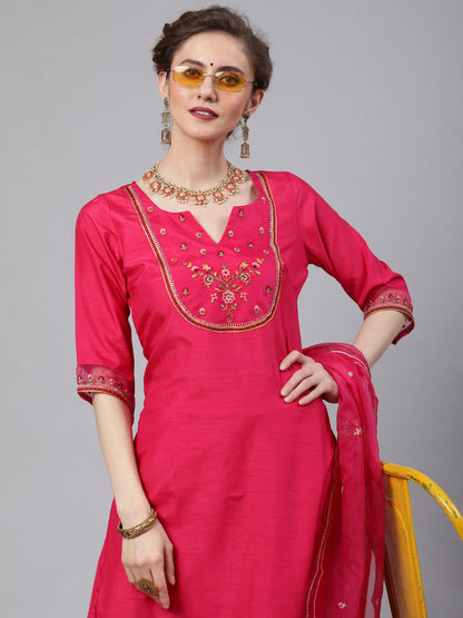 Women's Red Embroidered Kurta Pant With Dupatta