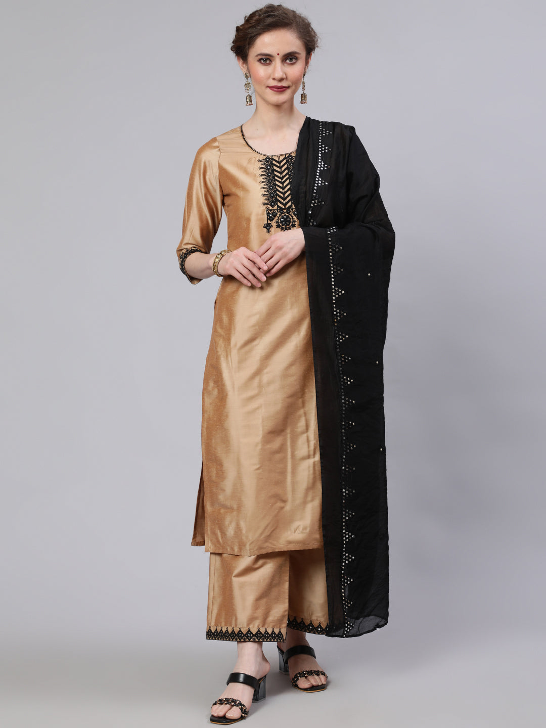 Women's Beige Embroidered Kurta Palazzo With Dupatta