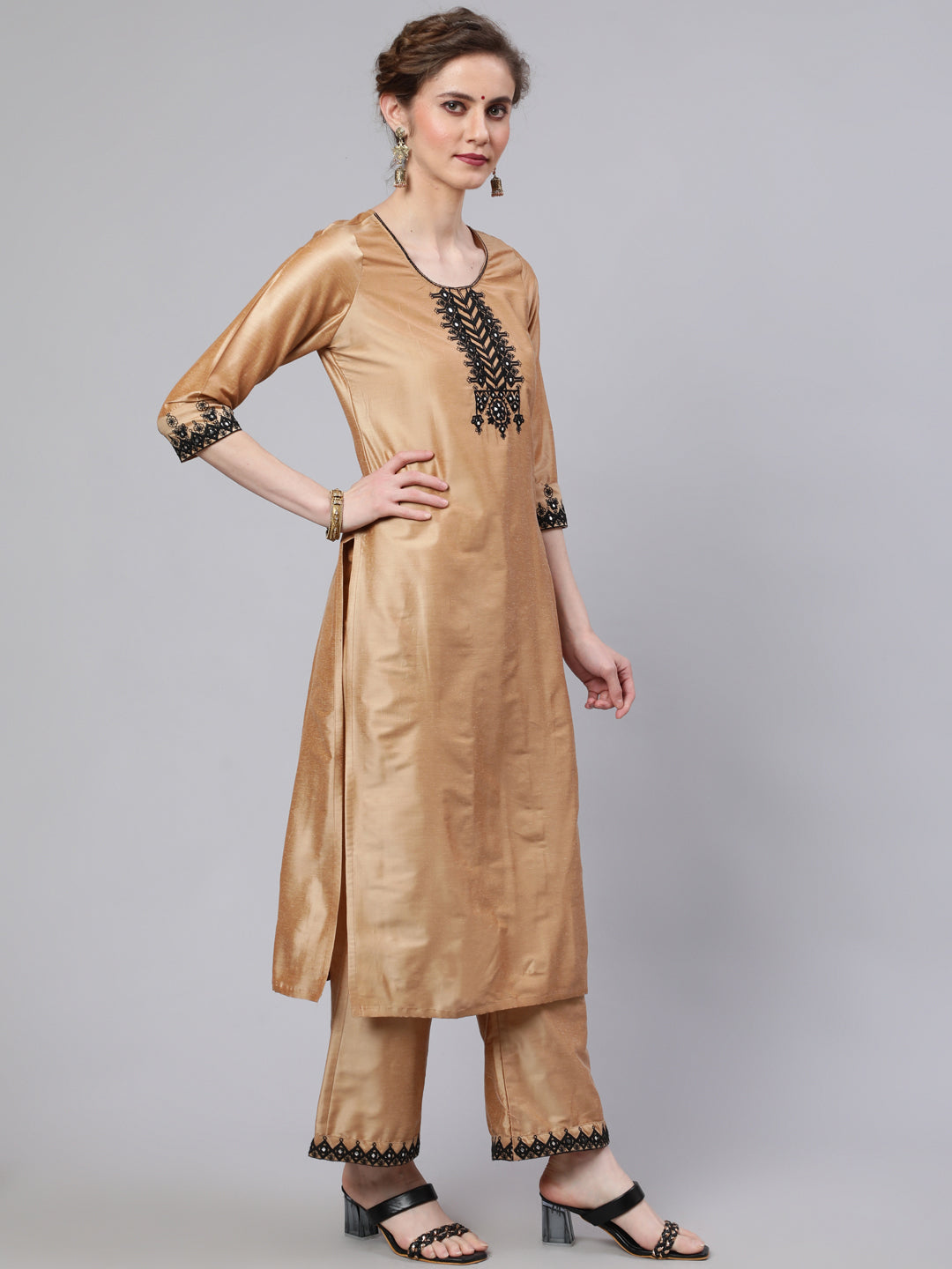 Women's Beige Embroidered Kurta Palazzo With Dupatta