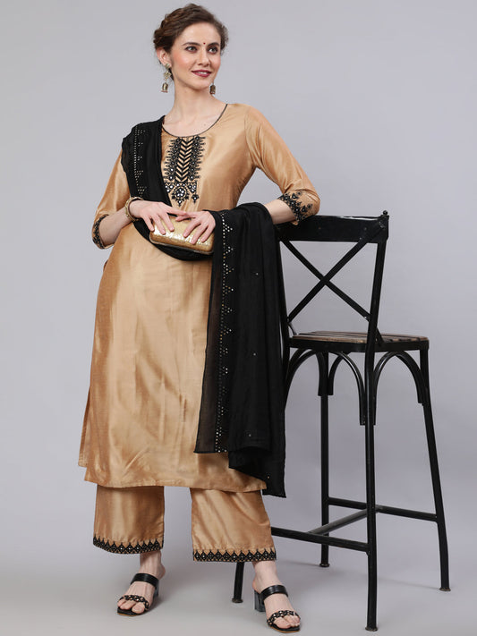 Women's Beige Embroidered Kurta Palazzo With Dupatta