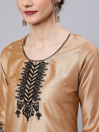 Women's Beige Embroidered Kurta Palazzo With Dupatta