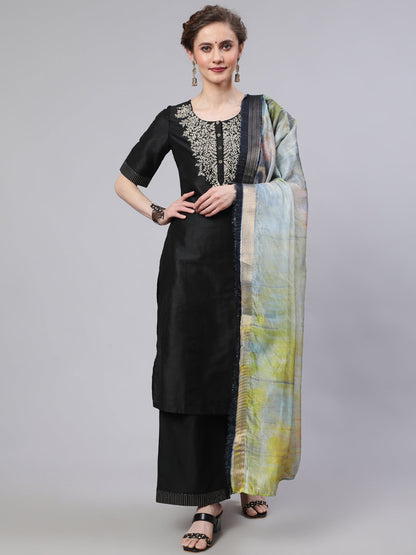 Women's Black Embroidered Kurta Palazzo With Dupatta