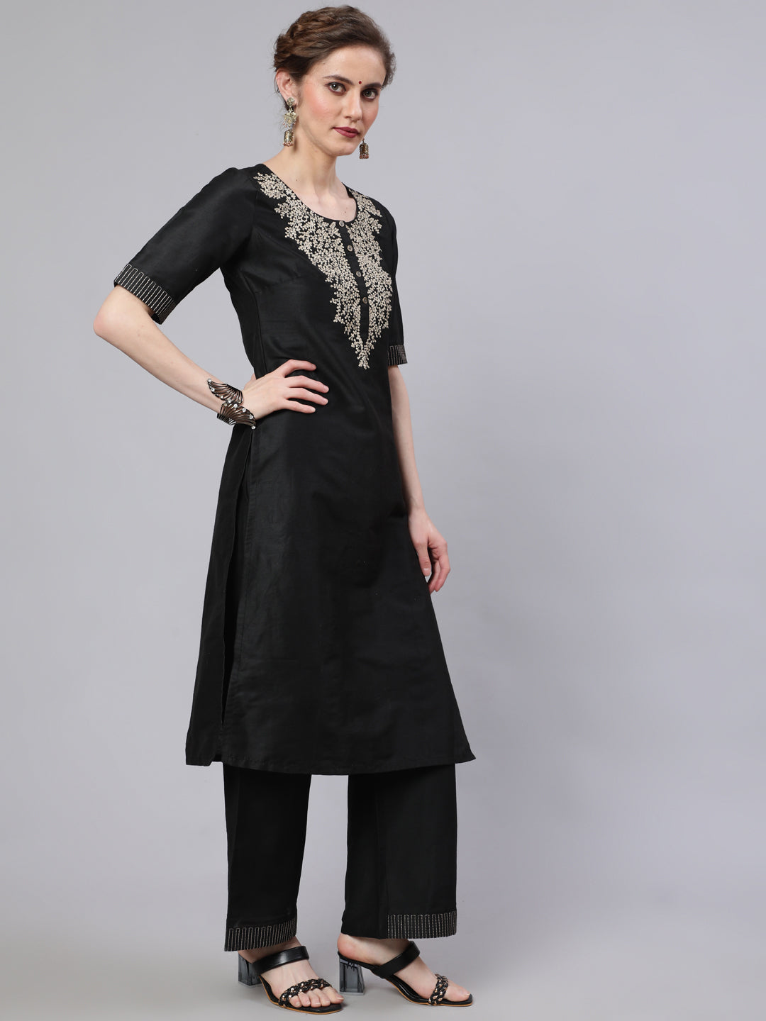 Women's Black Embroidered Kurta Palazzo With Dupatta