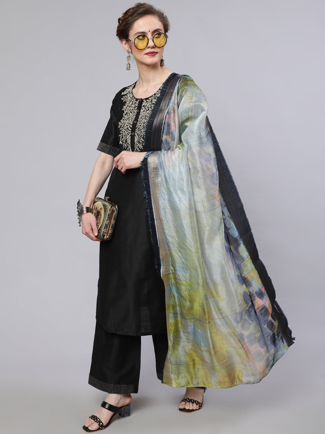 Women's Black Embroidered Kurta Palazzo With Dupatta