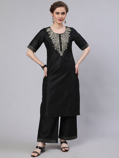 Women's Black Embroidered Kurta With Palazzo