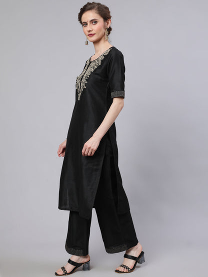 Women's Black Embroidered Kurta With Palazzo