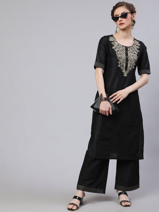 Women's Black Embroidered Kurta With Palazzo