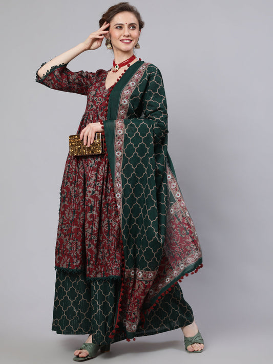 Women's Maroon Floral Print Kurta Palazzo With Dupatta