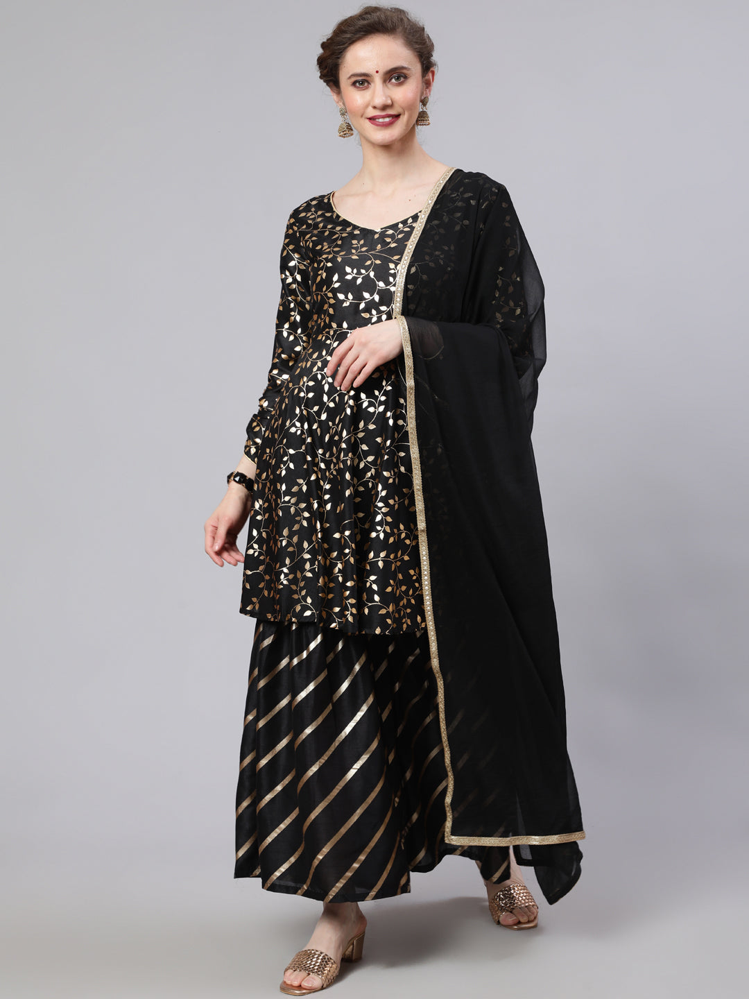 Women's Black Foil Print Kurta Sharara With Dupatta