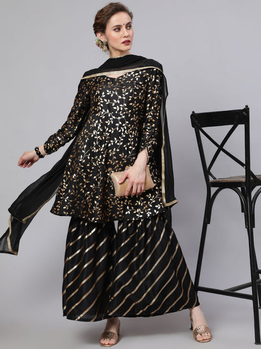 Women's Black Foil Print Kurta Sharara With Dupatta