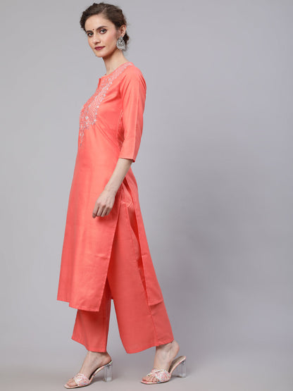 Women's Peach Embroidered Kurta Palazzo With Dupatta