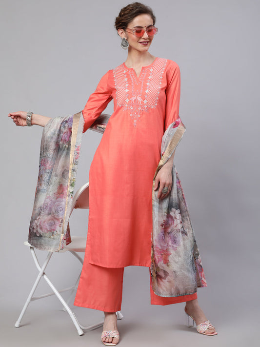 Women's Peach Embroidered Kurta Palazzo With Dupatta