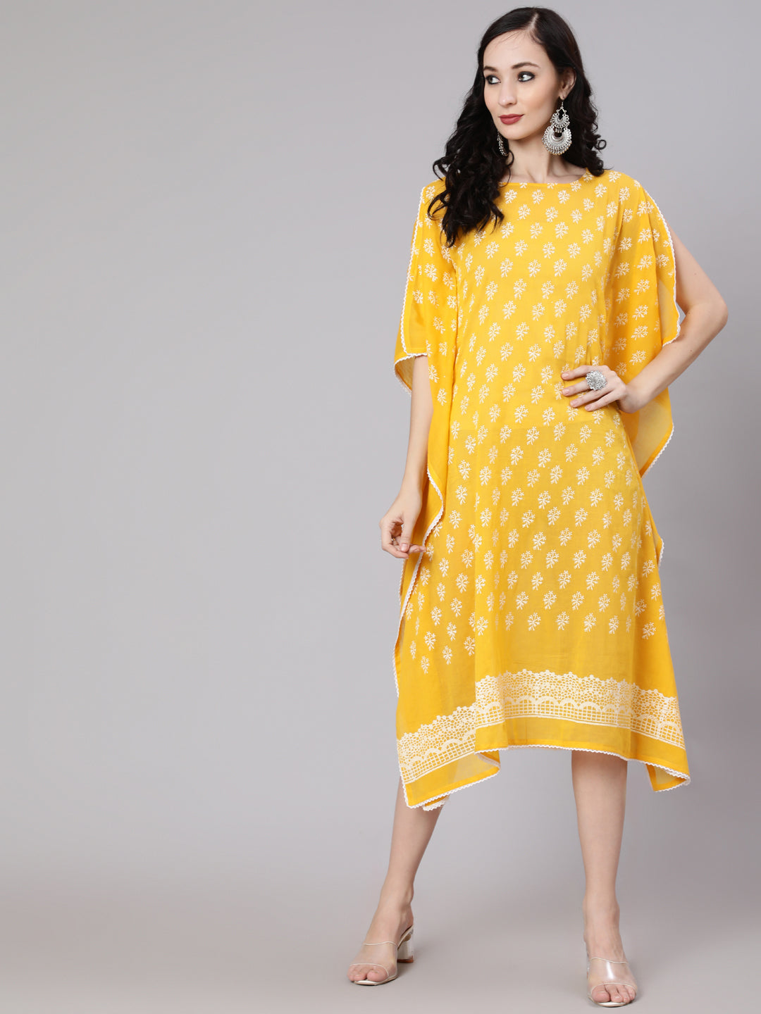 Women's Yellow Hand Block Printed Kaftan Dress