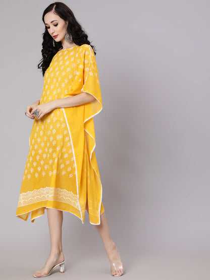 Women's Yellow Hand Block Printed Kaftan Dress