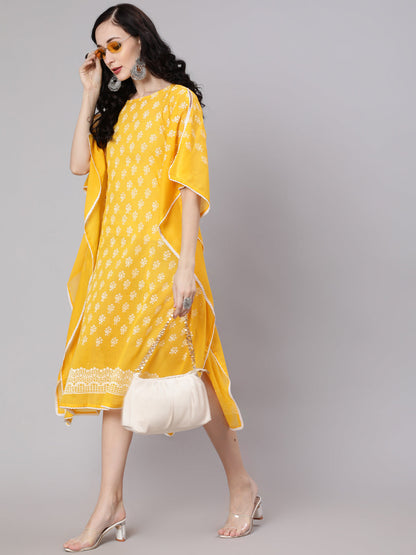 Women's Yellow Hand Block Printed Kaftan Dress