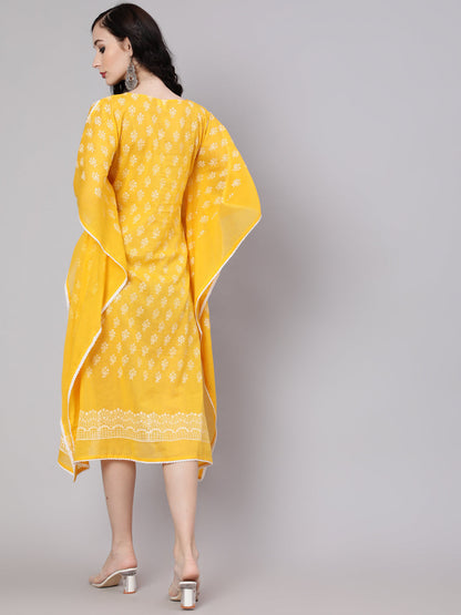 Women's Yellow Hand Block Printed Kaftan Dress