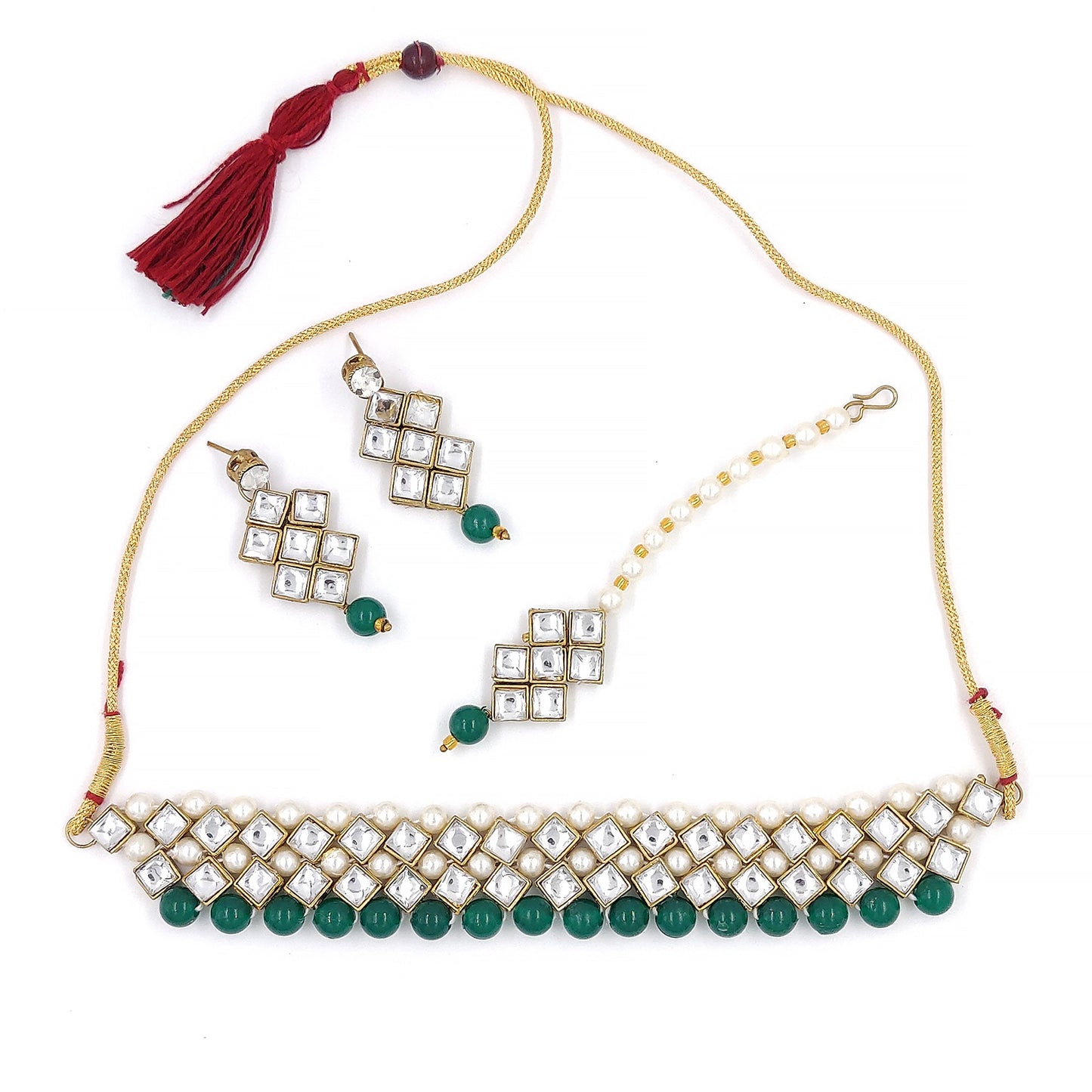 Women's Stylish Kundan And Dark Green Beads Choker Set