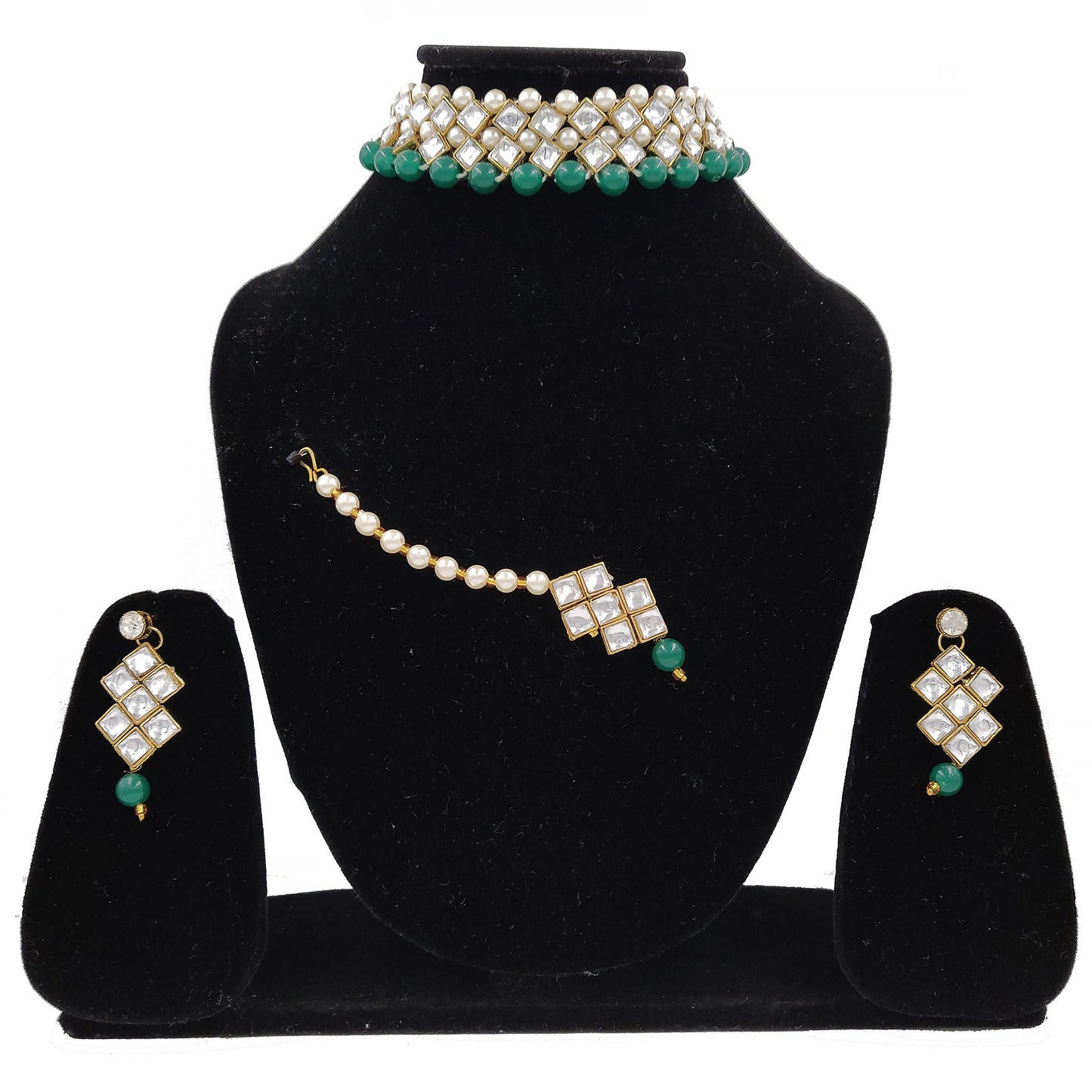 Women's Stylish Kundan And Dark Green Beads Choker Set