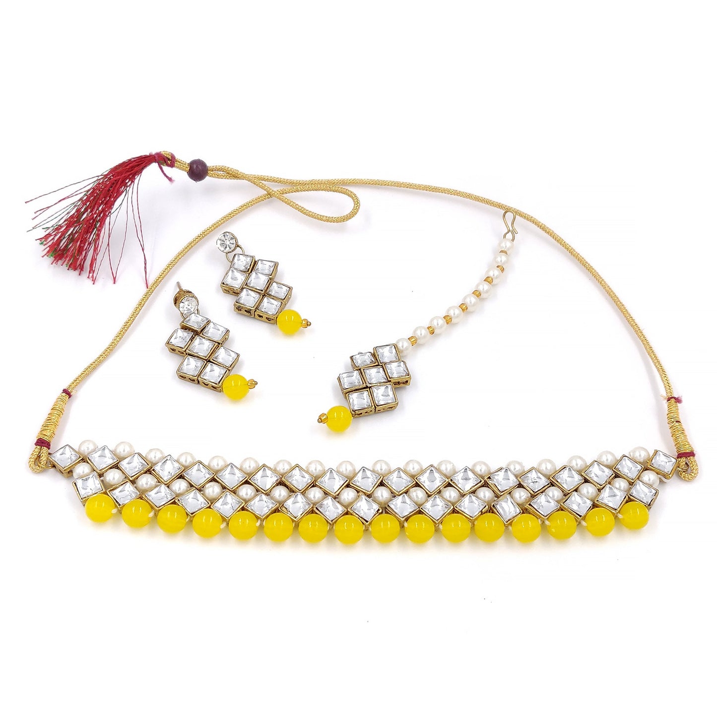 Women's Stylish Kundan And Yellow Beads Choker Set