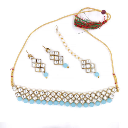 Women's Stylish Kundan And Light Blue Choker Set