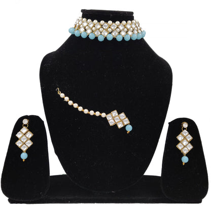 Women's Stylish Kundan And Light Blue Choker Set