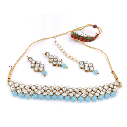 Women's Stylish Kundan And Light Blue Choker Set