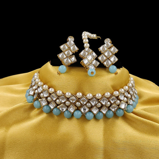 Women's Stylish Kundan And Light Blue Choker Set